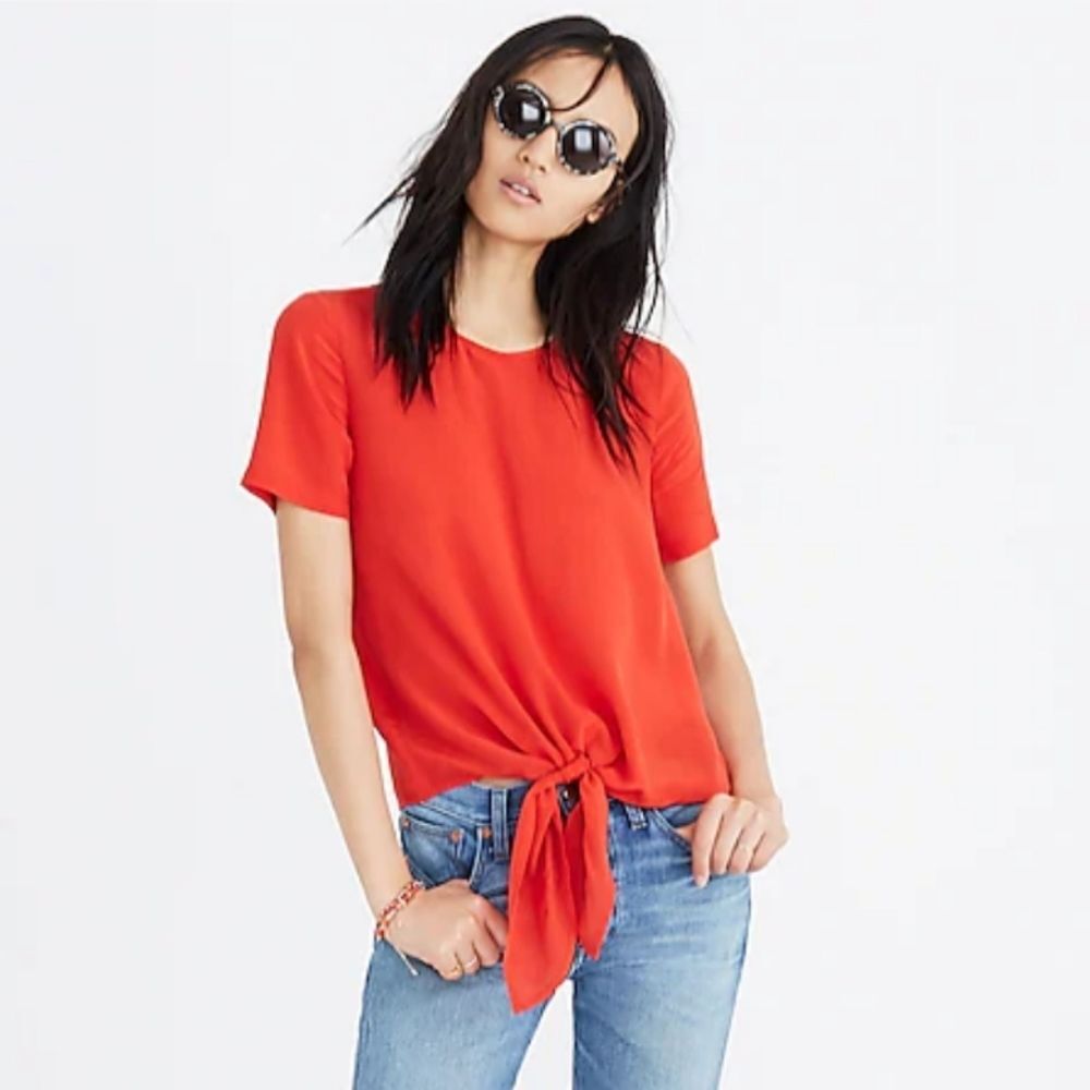 Madewell Silk Button-Back Tie Tee in Bright Poppy Size M